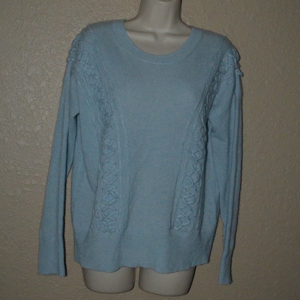 Sz S White + Warren Light Blue Lace Up Detail Long Sleeve Cashmere Sweatβ¦